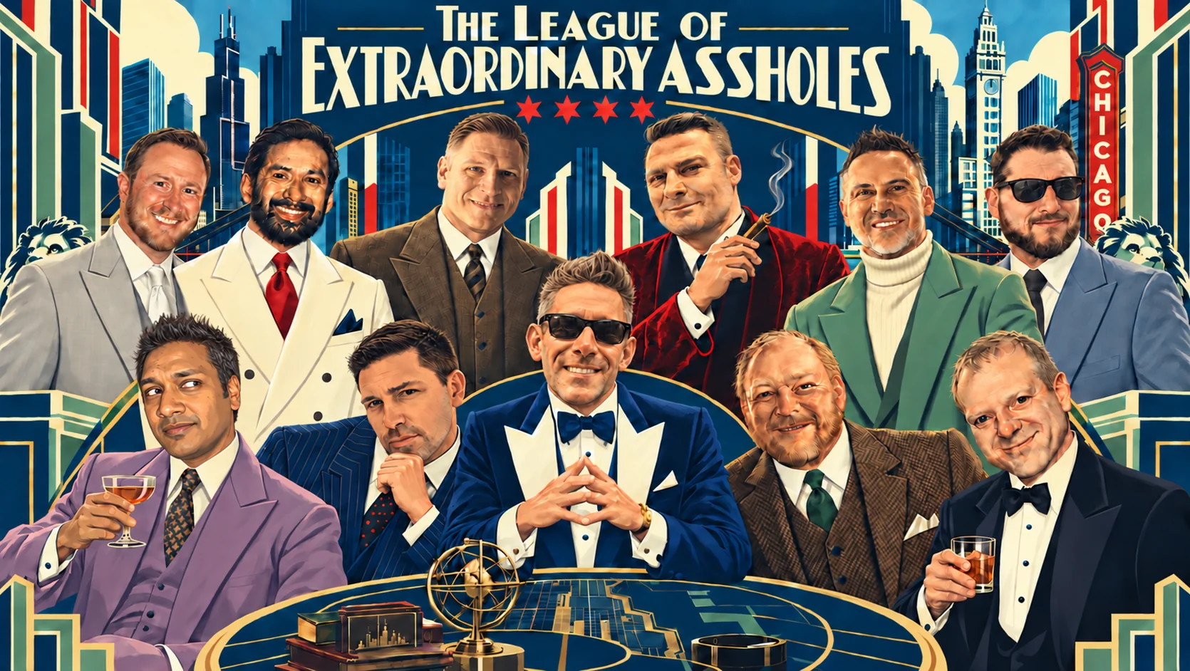 Art deco poster of eleven league members in sharp suits around a table, with the Chicago skyline behind them